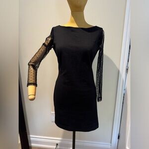 ZARA Elegant Black Dress with Sheer Polka Dot Sleeves (L)